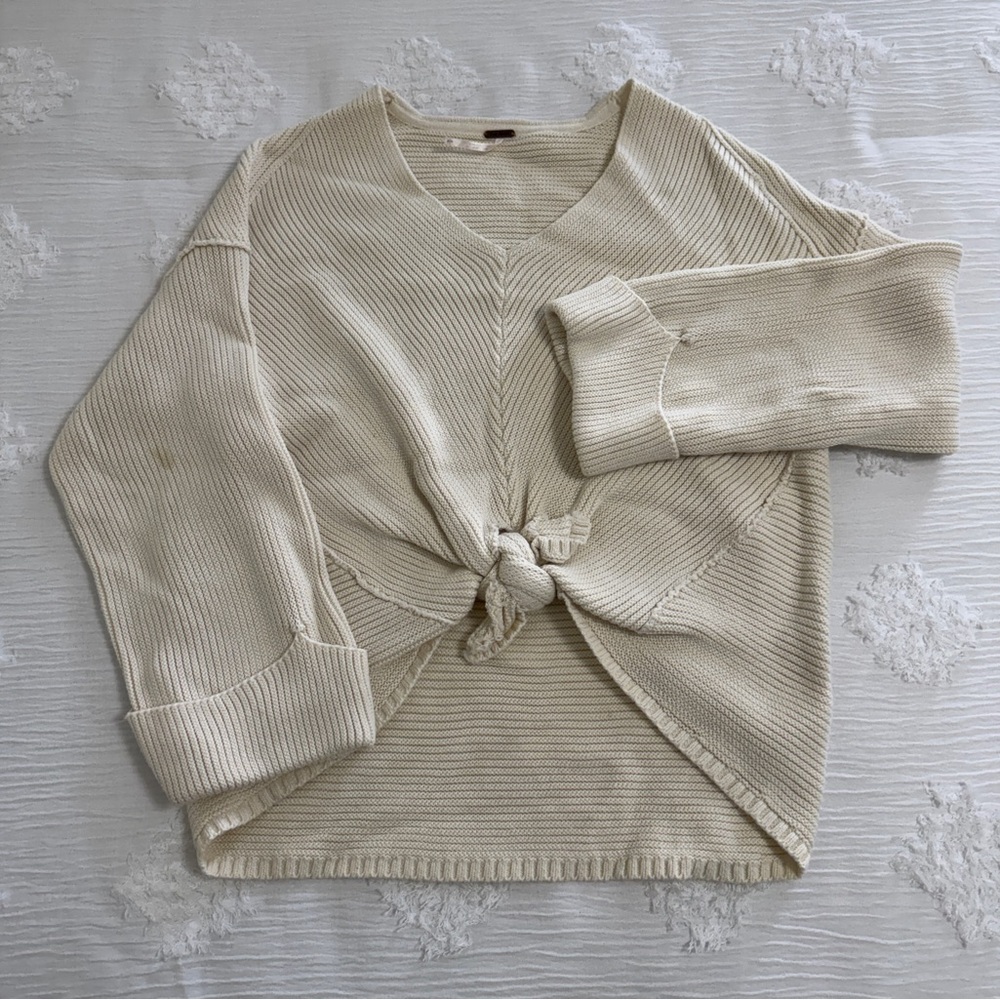 Free People Cream V-Neck Crossed-Front Sweater